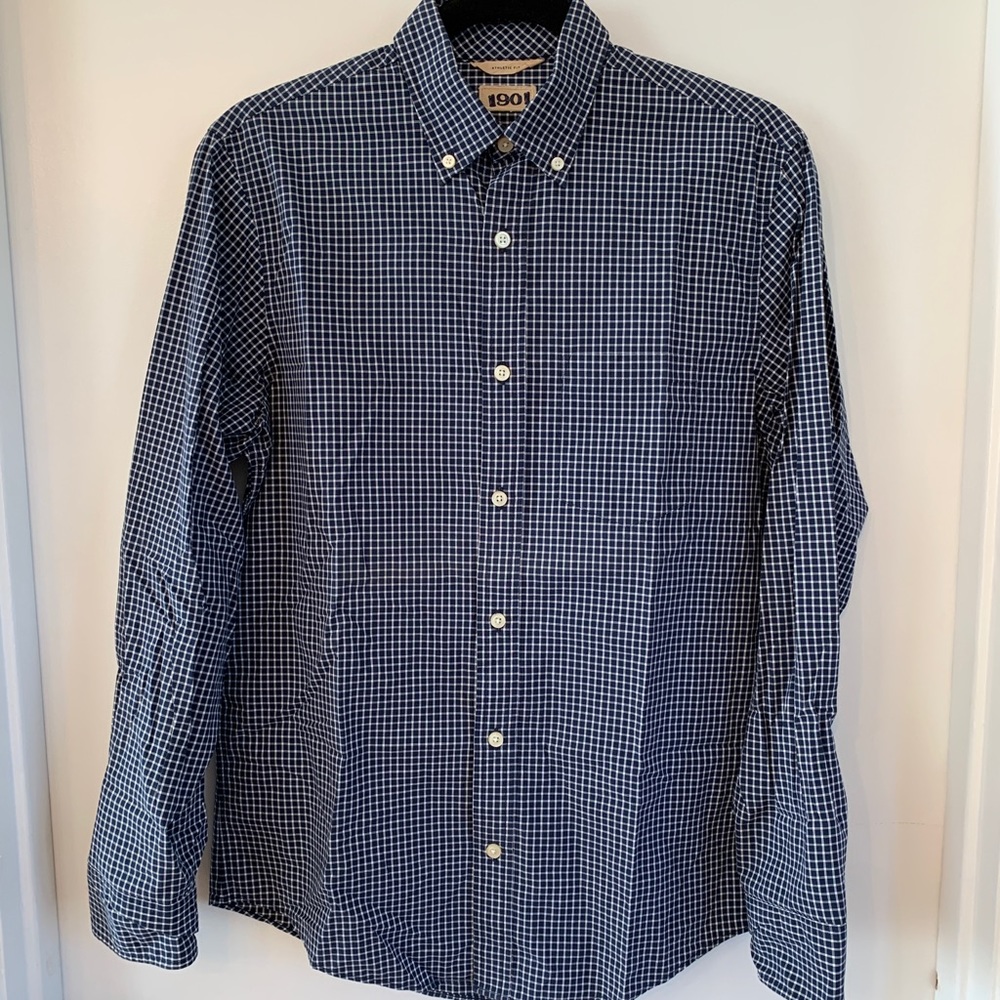 1901 NAVY WHITE CHECKERED LOMG SLEEVED BUTTON DOWN